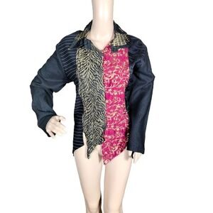 Xiao Top Womens Small Black Silk‎ Patchwork Button Up Long Sleeve Hippie Boho